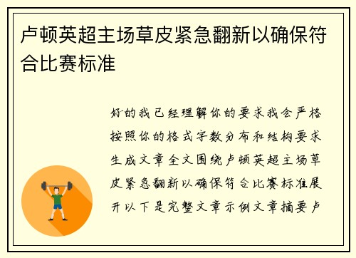 卢顿英超主场草皮紧急翻新以确保符合比赛标准 卢顿英超主场草皮紧急翻新以确保符合比赛标准