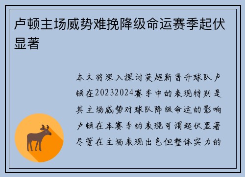 卢顿主场威势难挽降级命运赛季起伏显著